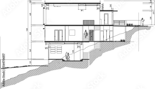 vector illustration of architectural detail design of site plan section view of facade of split level 3 storey residential house