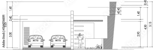 vector illustration of architectural detail design of site plan section view of facade of split level 3 storey residential house