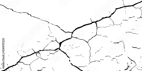 "High-contrast cracked wall texture with black fracture lines on a white background. Perfect for grunge designs, aged surfaces, urban decay effects, or abstract graphic overlays"