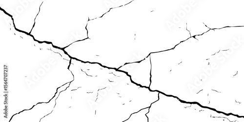"High-contrast cracked wall texture with black fracture lines on a white background. Perfect for grunge designs, aged surfaces, urban decay effects, or abstract graphic overlays"