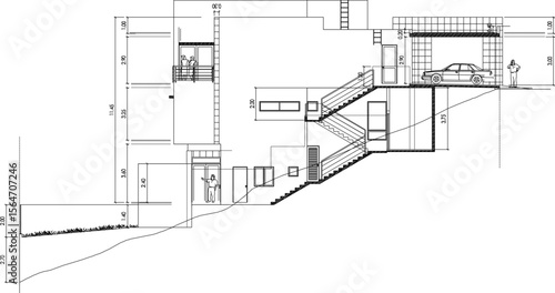 vector illustration of architectural detail design of site plan section view of facade of split level 3 storey residential house