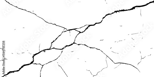 "High-contrast cracked wall texture with black fracture lines on a white background. Perfect for grunge designs, aged surfaces, urban decay effects, or abstract graphic overlays"