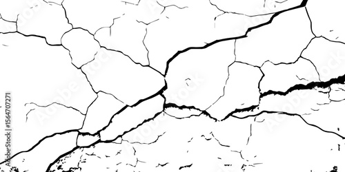 "High-contrast cracked wall texture with black fracture lines on a white background. Perfect for grunge designs, aged surfaces, urban decay effects, or abstract graphic overlays"