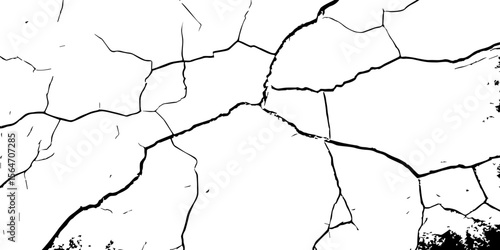 "High-contrast cracked wall texture with black fracture lines on a white background. Perfect for grunge designs, aged surfaces, urban decay effects, or abstract graphic overlays"