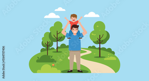 Father and Son Bonding Cartoon Illustration of Piggyback Ride in Park.