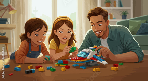 Father and daughters building colorful toy spaceship together at home.