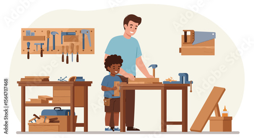 Father and Son Carpentry Project Building Together with Wood and Tools.