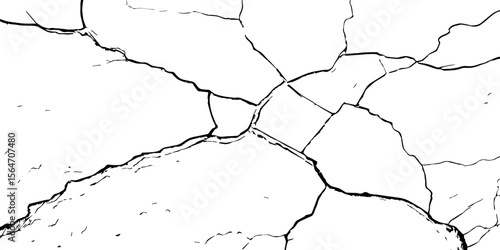 "Cracked white wall texture with bold black fracture lines. Ideal for grunge backgrounds, aged surfaces, urban decay effects, or abstract art. High contrast design for creative projects"