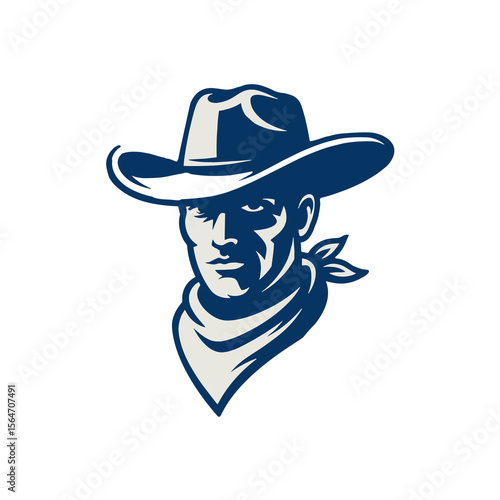 A rugged and determined cowboy mascot head in a classic hat and bandana, rendered in a bold, two-tone style