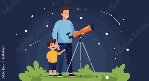Father and Son Observing Stars with Orange Telescope Illustration.