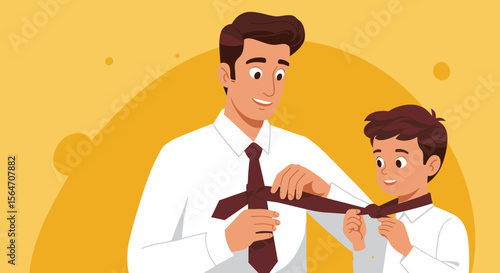Father and Son Tying Tie Cartoon Illustration of Family Bonding Moment.