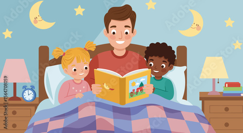 Father reading a bedtime story to his children in bed cartoon illustration.