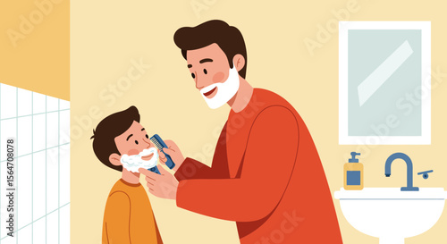 Father shaving his sons face with shaving foam using electric shaver in bathroom.