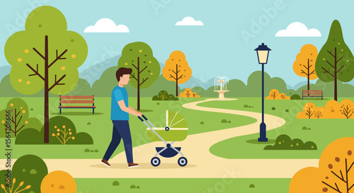 Man Pushing a Light Green Baby Stroller in a Park.