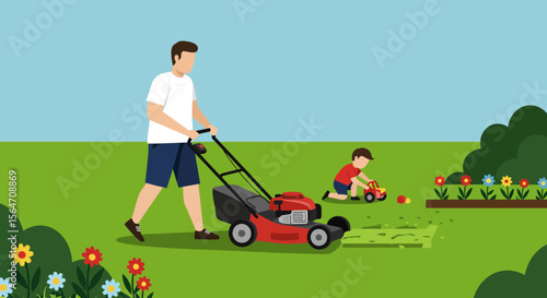 Red lawnmower with black handle and wheels cutting green grass in a yard.