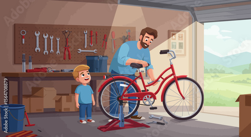 Red bicycle being repaired by a man in a garage with tools and a child watching.