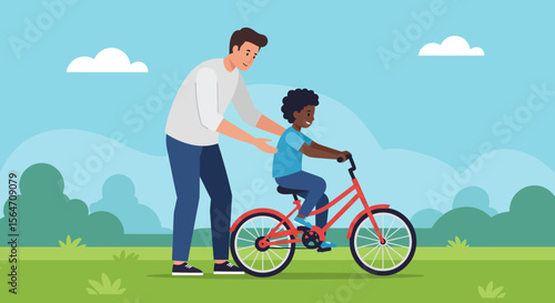 Young Boy Learning to Ride a Red Bicycle with Fathers Guidance.