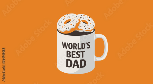 Worlds Best Dad Mug with Coffee and Two Sprinkled Donuts.