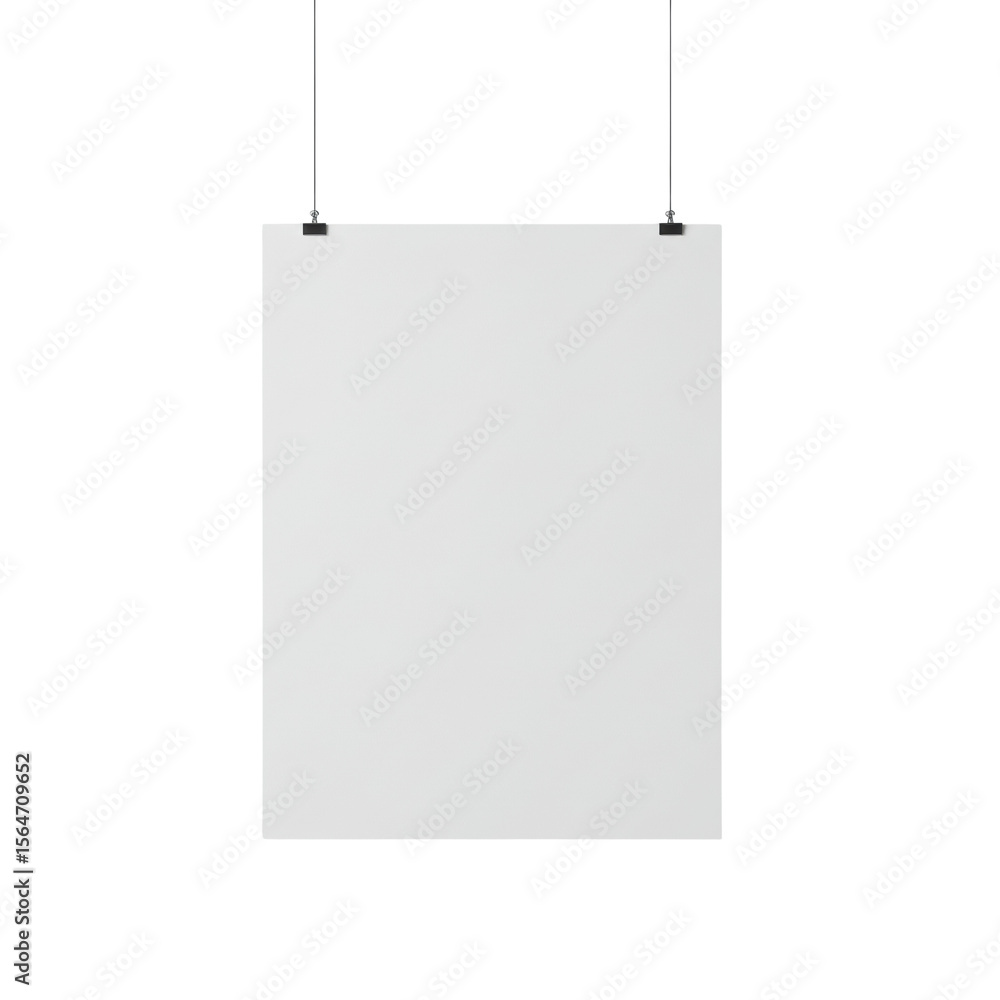 A blank white poster hanging from the ceiling with clips, isolated on a transparent background, png, cutout A blank white poster hanging from the ceiling with clips, isolated on a transparent background, png, cutout