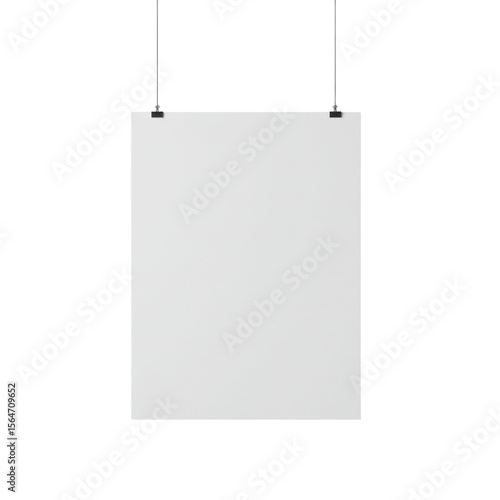 A blank white poster hanging from the ceiling with clips,  isolated on a transparent background, png, cutout	