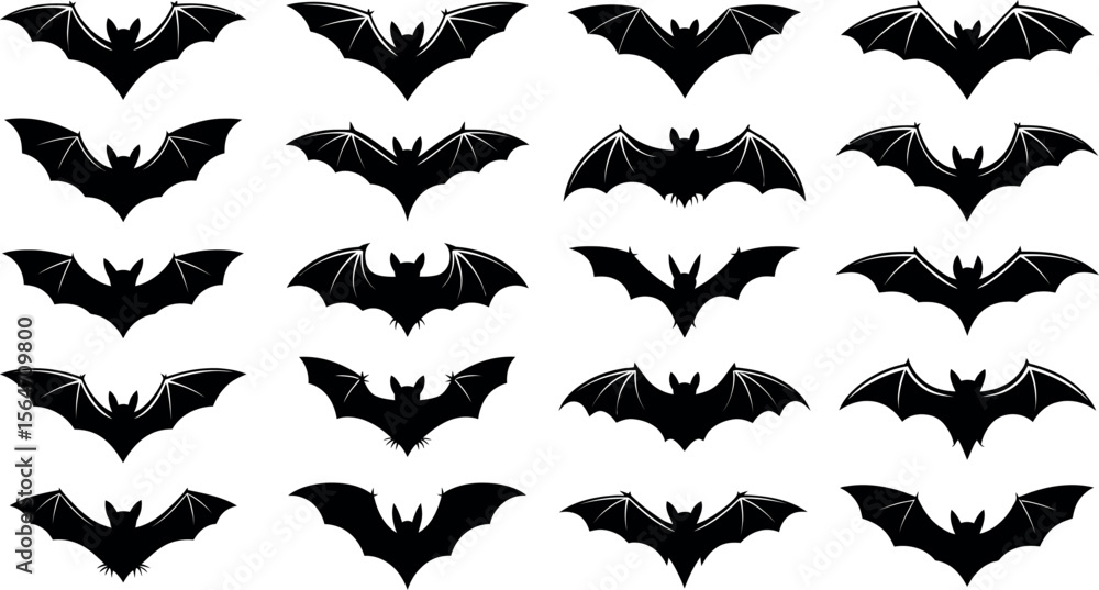 Fototapeta premium Collection of flying bat icons in a simple black silhouette style
