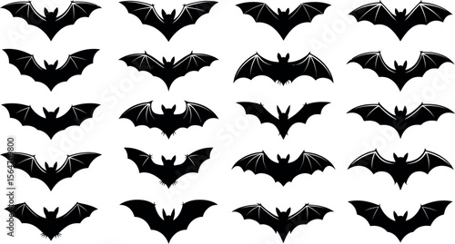 Collection of flying bat icons in a simple black silhouette style