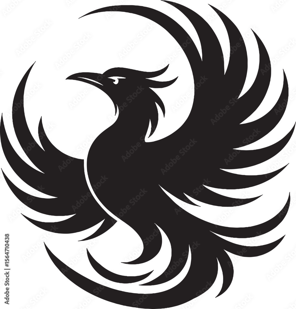 Obraz premium A vector-style abstract illustration of a phoenix in flight, with curved, flame-like feathers forming a circular motion. copy.eps