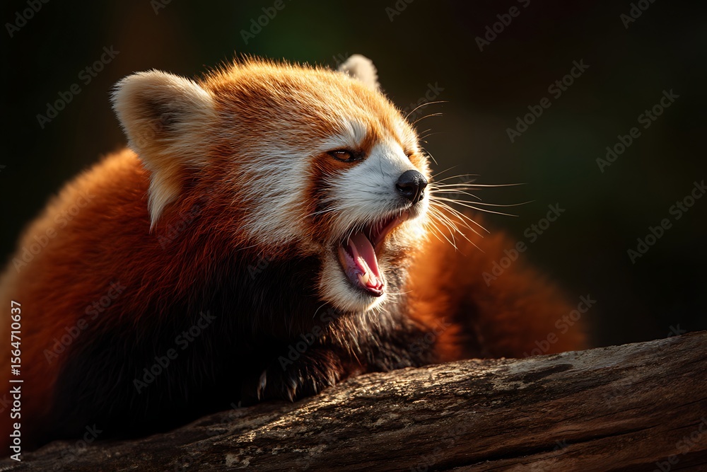 Obraz premium Red Panda's Yaw: A close-up shot of a red panda mid-yawn, its vibrant reddish-brown fur and captivating features against a soft background, showing the quiet energy of wildlife.
