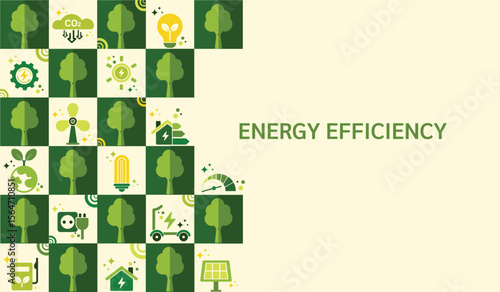 Renewable, green energy, energy efficiency and save energy web banner with icons. Eco house, Sustainable industrial factory. Energy efficient rating class, Green Building for Sustainable Development.