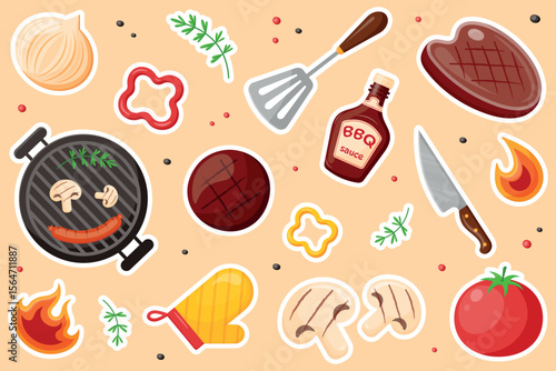 BBQ sticker collection. Grill party set. Decorations  for  cafe and restaurant theme.Grill, cooking tools,  sausage, onion, tomato, pepper, oven mitt, steak, sauce,patty,rosemary.Vector illustration. 