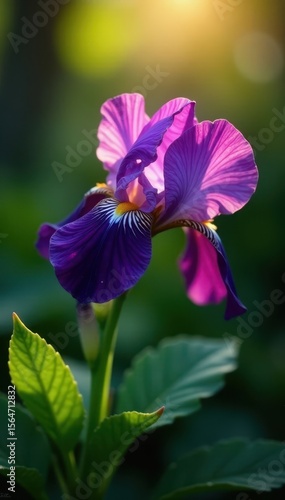 Velvety purple petals, serrated leaves, sunlight , purple, background