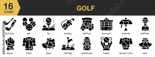 Golf solid icon set. Includes recreation, course, play, golfing, ball, leisure, and More. Solid icons vector collection.