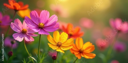 Vibrant cosmos flowers blooming in a sunny garden , sunny, blossom
