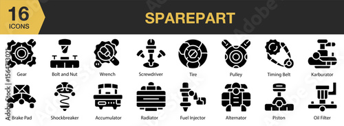Sparepart solid icon set. Includes repair, transportation, service, part, and More. Solid icons vector collection.