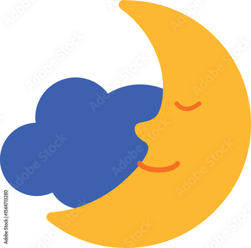 Cute crescent moon character sleeping next to a blue cloud. Ideal for bedtime visuals, night themes, lullaby content, or children's illustrations.