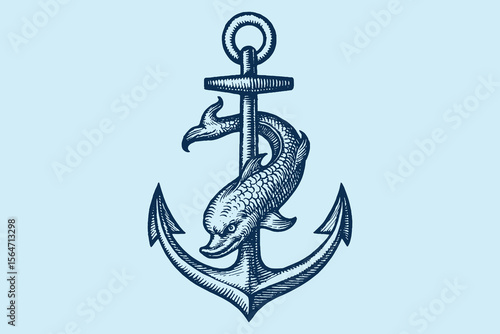Anchor and dolphin engraving nautical style vector illustration

