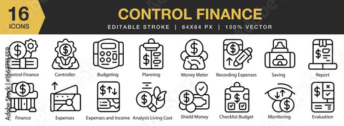 Control Finance icon set. Editable Stroke Icon Collection. Includes control, finance, budget, money, accounting, and More. Outline icons vector collection.