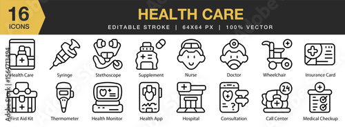 Health Care icon set. Editable Stroke Icon Collection. Includes medicine, doctor, medical, health, hospital, care, and More. Outline icons vector collection.