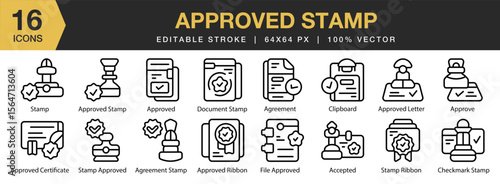 Approved Stamp icon set. Editable Stroke Icon Collection. Includes stamp, seal, sign, approve, approval, and More. Outline icons vector collection.