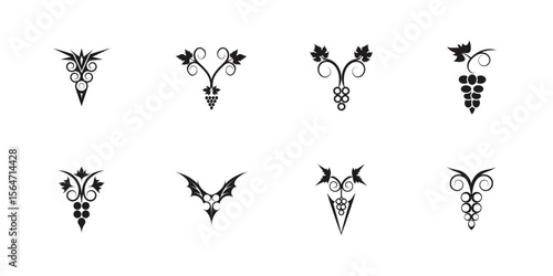 Stylish grapevine vector silhouettes with twisting stems and leaves, ideal for wine branding, organic product design, labels, and elegant decor use


