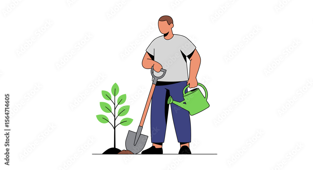 Fototapeta premium Planting for the Future Man with Shovel Planting a Tree Illustration 