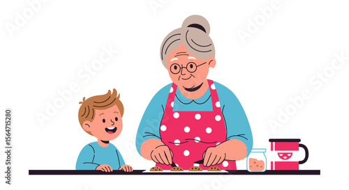 Grandmother baking cookies with her grandson, creates memories