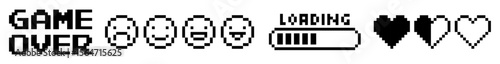 pixel game icons set with loading bar hearts and emoticons
