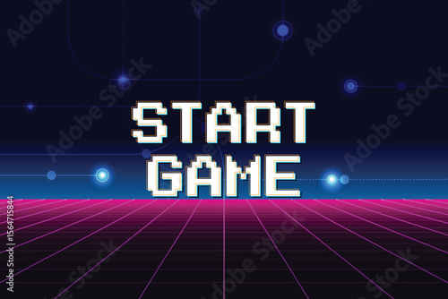 START GAME. pixel art .8 bit game. retro video game. for game assets. Retro Futurism Sci-Fi Background. glowing neon grid and star from vintage arcade computer games