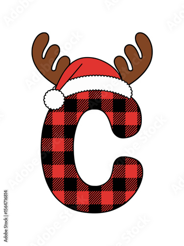 Christmas letter C with antlers and Santa hat, Festive letter C decorated in red plaid, wearing a Santa hat and reindeer antlers, perfect for holiday monograms and Christmas designs.


