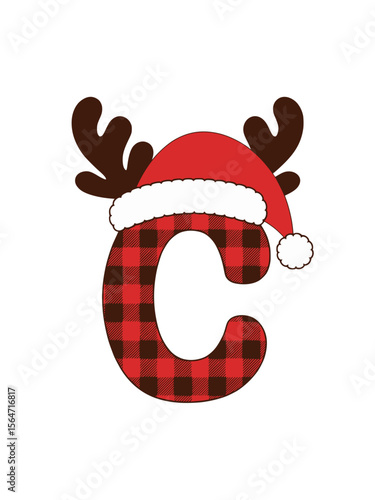 Christmas letter C with antlers and Santa hat, Festive letter C decorated in red plaid, wearing a Santa hat and reindeer antlers, perfect for holiday monograms and Christmas designs.

