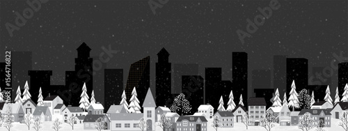 Winter landscape with snowy for Christmas background,Pop art black and white wide banner of Night sky with starry on xmas in city,Vector Seamless pattern cartoon Winter wonderland for New Year 2026