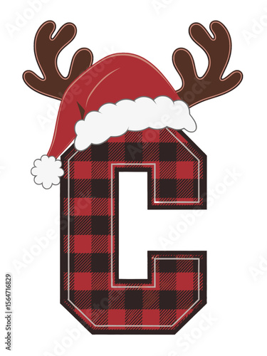 Christmas letter C with antlers and Santa hat, Festive letter C decorated in red plaid, wearing a Santa hat and reindeer antlers, perfect for holiday monograms and Christmas designs.

