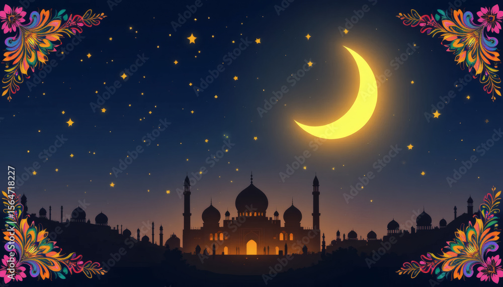 Naklejka premium Moonlit Mosque with Floral Frame