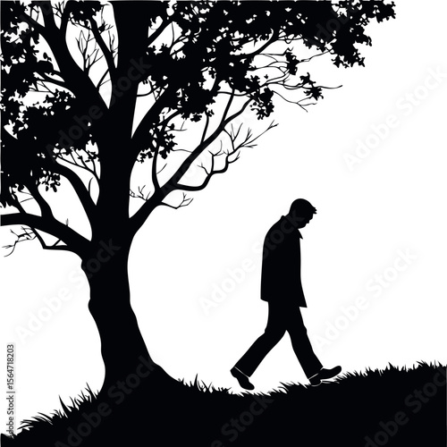  silhouette of a man walking away from a tree